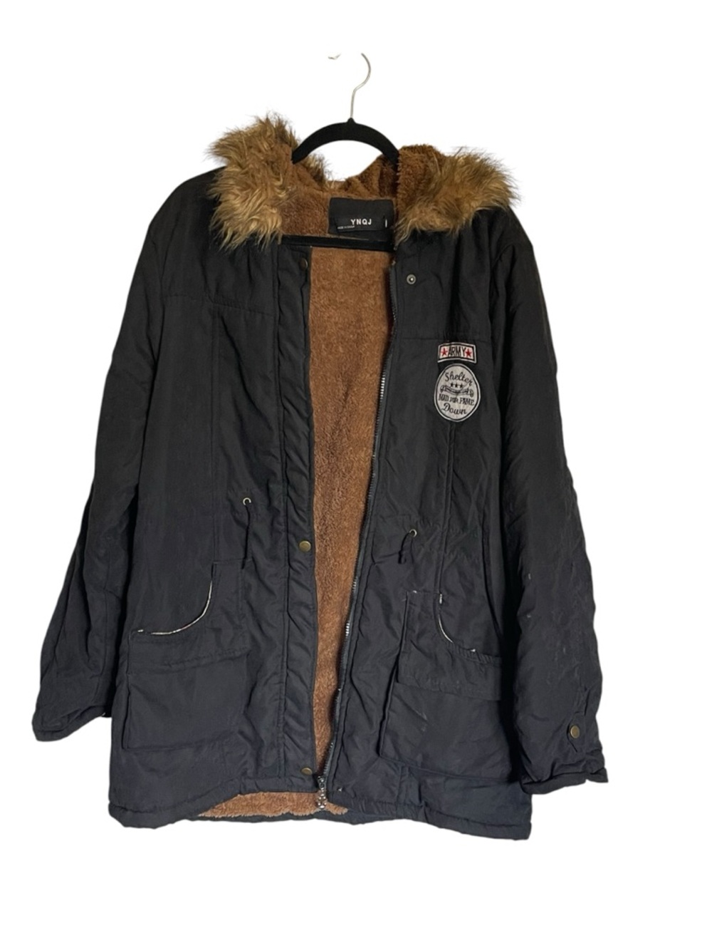 Men's Black Field Parka with Brown Faux-Fur Lining and Hood